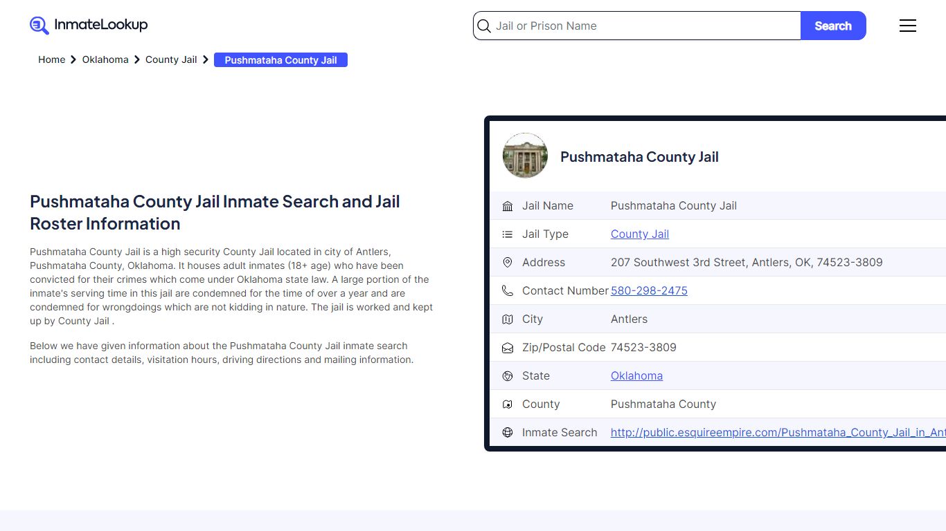Pushmataha County Jail Inmate Search - Antlers Oklahoma - Inmate Lookup